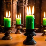 Green burning candles in the temple