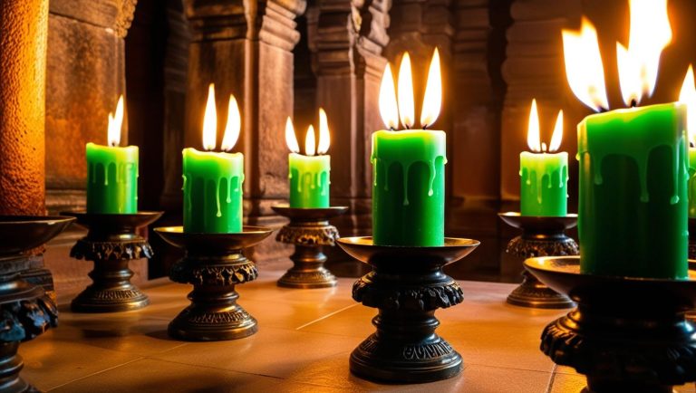 Green burning candles in the temple